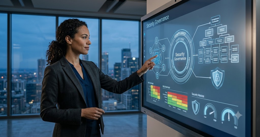 TMG executive reviewing security governance dashboard on a touchscreen