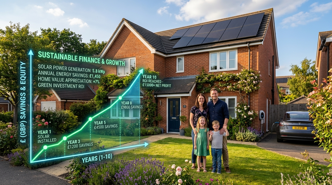 UK family home with solar panels generating renewable energy and lowering electricity costs