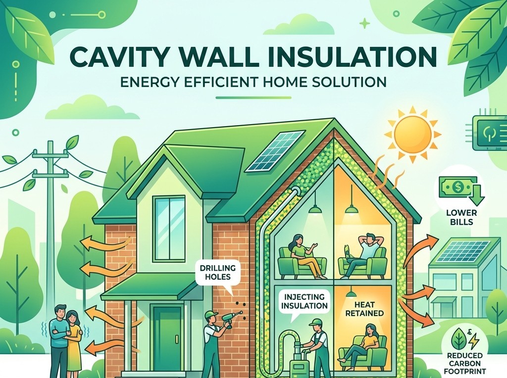 Cavity wall insulation process diagram showing drilling holes, injecting insulation and reducing heat loss for energy efficient home UK