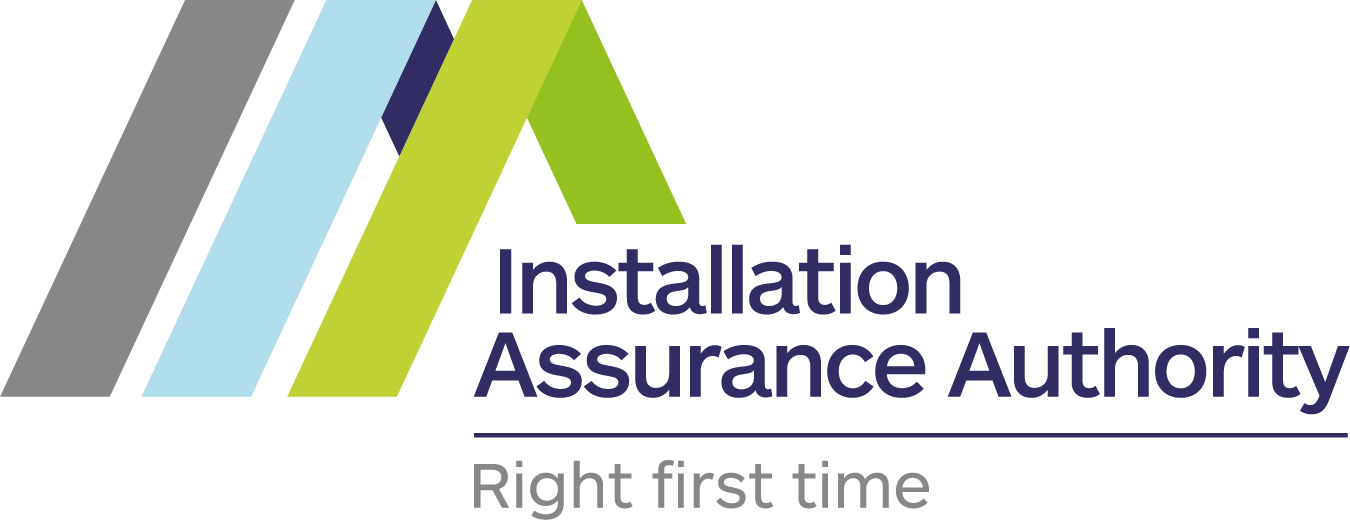 Installation Assurance Authority logo with tagline Right first time under green, blue, and gray stylized lines.