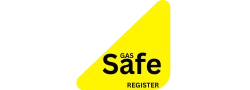 Yellow triangular Gas Safe Register badge with black text.