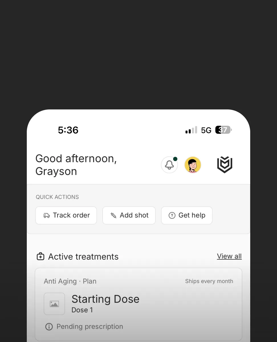 Mobile app screen greeting Grayson with options to track order, add shot, get help, and shows active anti-aging treatment.