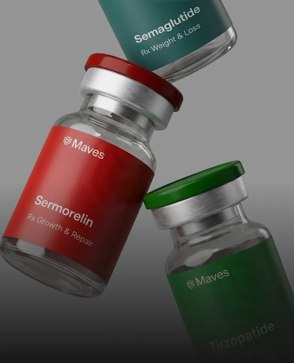 Three Maves brand medication vials labeled Semaglutide, Sermorelin, and Tirzepatide.