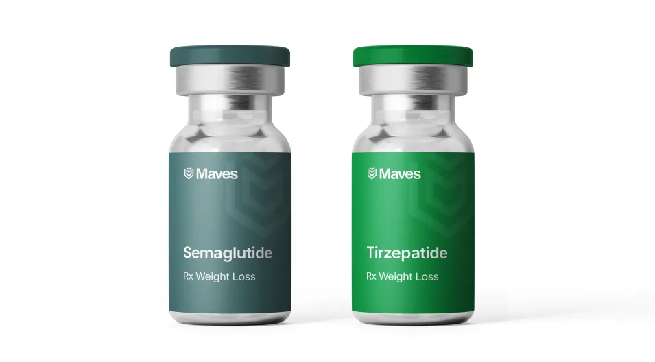 Two medication vials labeled Semaglutide and Tirzepatide for Rx weight loss by Maves.