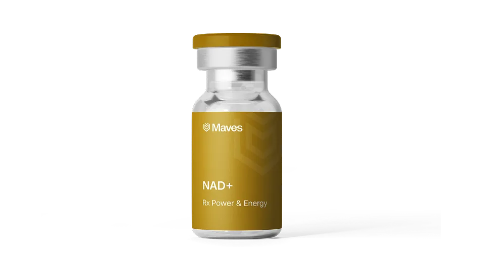 Clear medical vial with gold label reading 'Maves NAD+ Rx Power & Energy'.