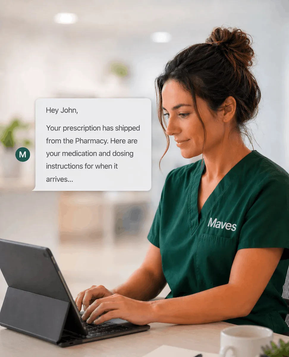 Woman in green scrubs typing on tablet with message about prescription shipment on screen.