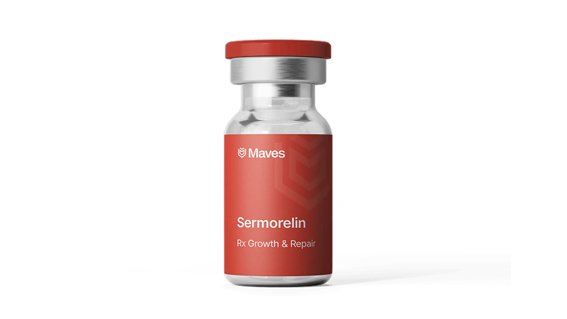 Clear vial with red cap and label reading Sermorelin Rx Growth & Repair by Maves.