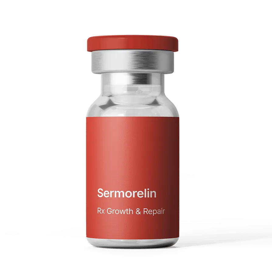 Small clear vial with red label and cap, labeled Sermorelin Rx Growth & Repair.