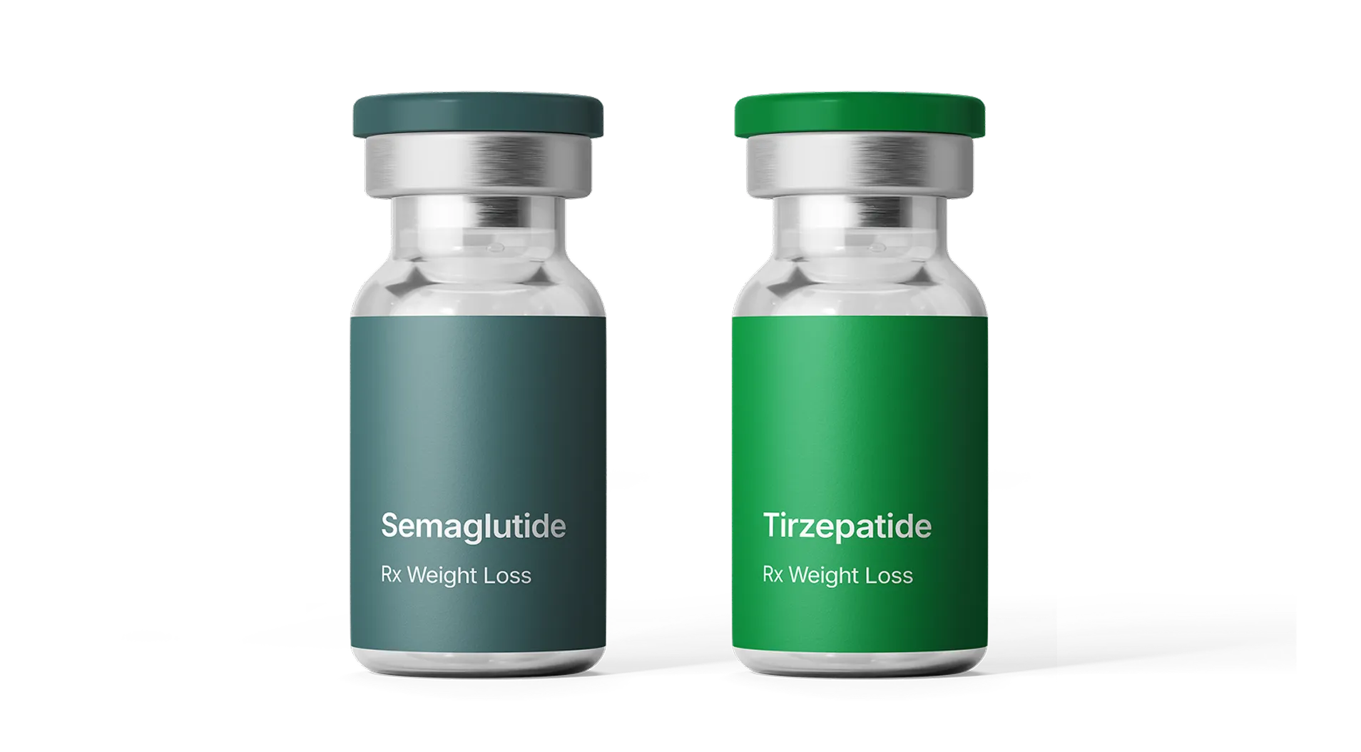 Two weight loss medication vials labeled Semaglutide and Tirzepatide on a white background.