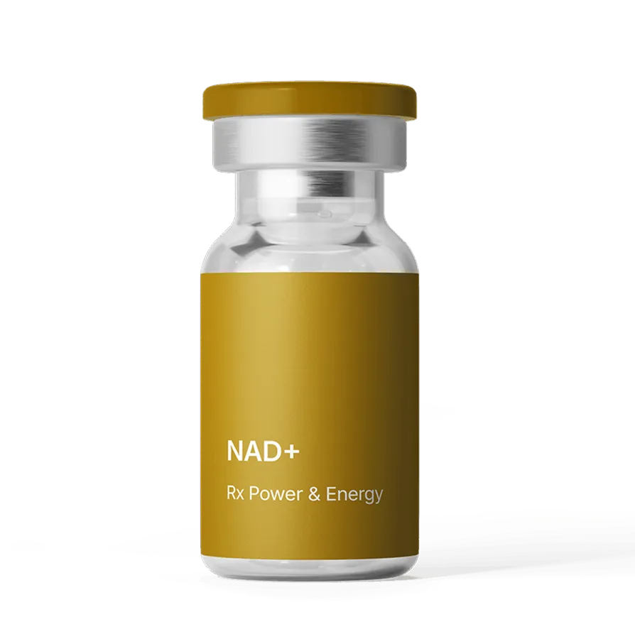 Small vial with gold label reading NAD+ Rx Power & Energy on a black background.