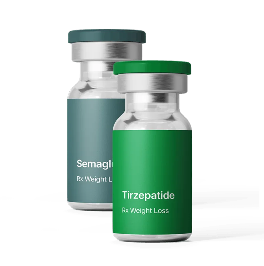 Two prescription weight loss vials labeled Semaglutide and Tirzepatide with green and blue caps.