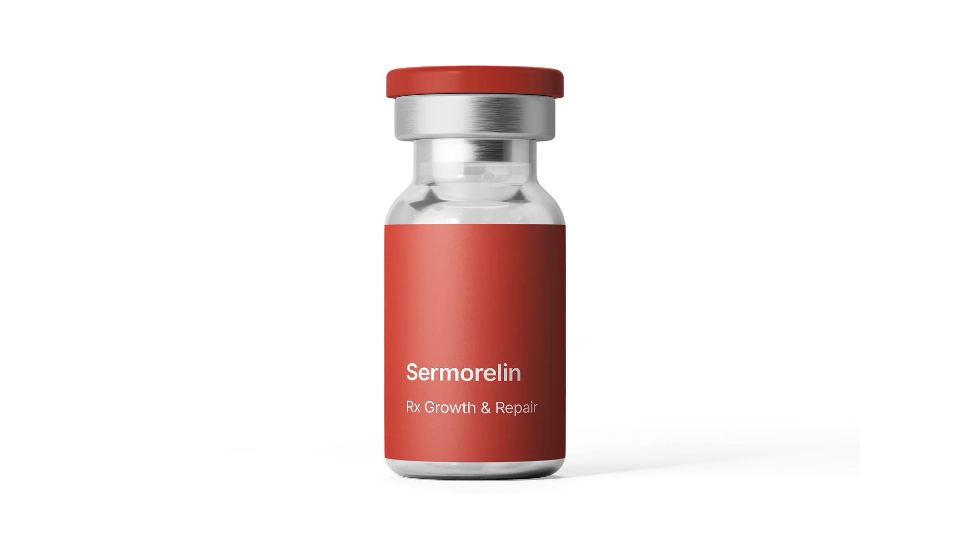 A small clear vial with a red label and cap labeled Sermorelin Rx Growth & Repair.