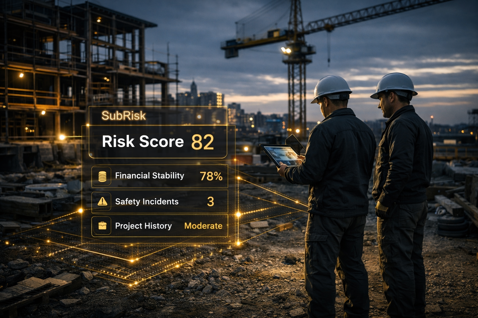 Construction site with engineers reviewing subcontractor risk score dashboard showing financial stability and safety metrics.