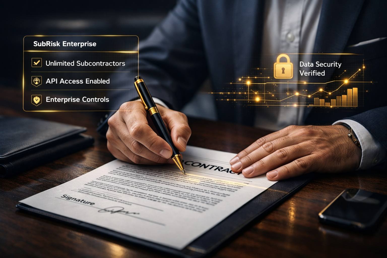 Business professional signing contract with digital overlay displaying SubRisk Enterprise controls, API access, and data security verification.