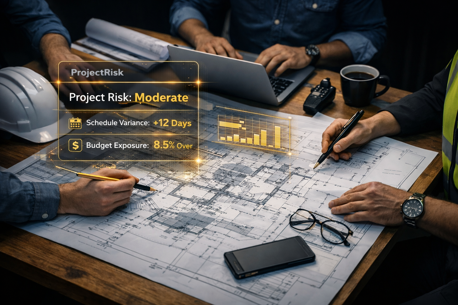 Construction professionals reviewing blueprints with digital overlay showing project risk metrics, schedule variance, and budget exposure.
