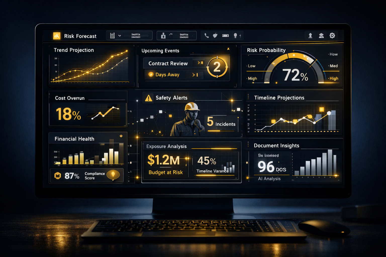 Digital dashboard visualizing construction risk forecast, cost overrun probability, and safety alerts.