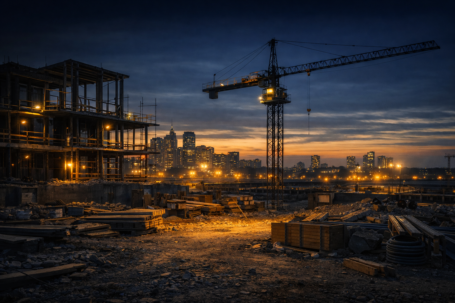 Nighttime construction site with cranes and illuminated buildings, representing enterprise‑grade risk intelligence and project oversight.
