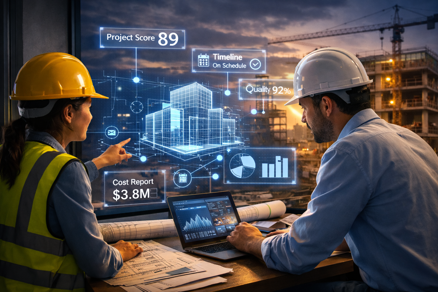 Two construction professionals reviewing digital blueprints and project data in an office overlooking a construction site.