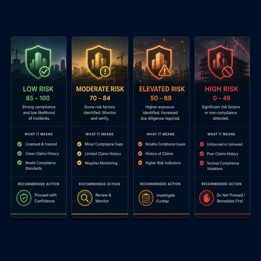 Rivantro risk score tiers displayed as four vertical dark‑mode cards showing Low, Moderate, Elevated, and High Risk ranges from 0 to 100.