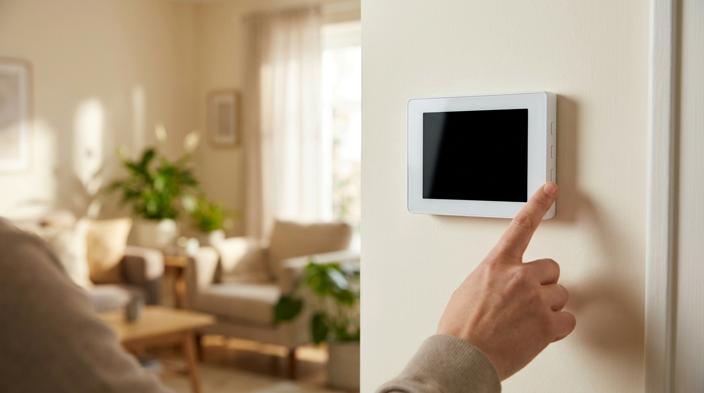 A homeowner pressing a button on a modern white digital wall thermostat in a sunlit living room