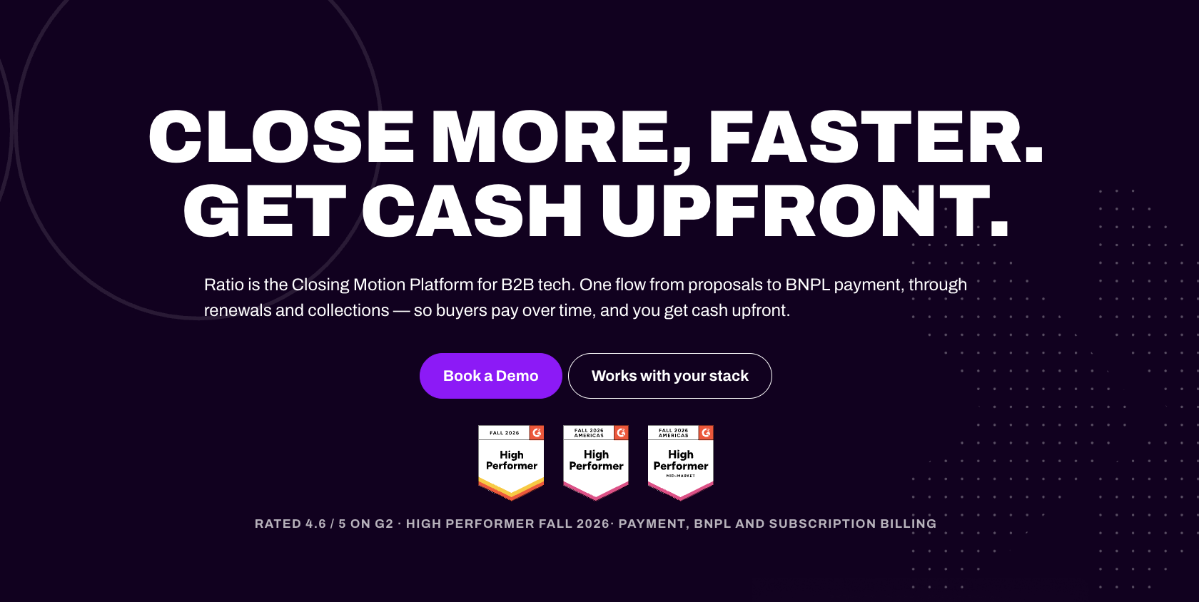 The Ratio website homepage, introducing the Closing Motion Platform