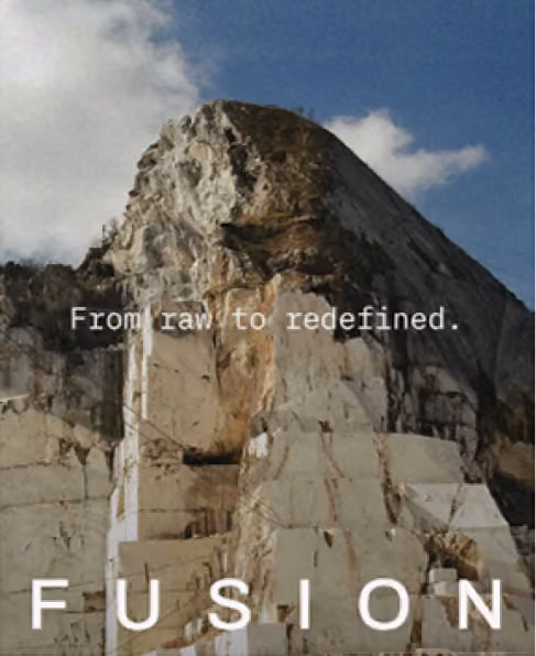 Large rocky mountain face under a blue sky with text: From raw to redefined. FUSION.