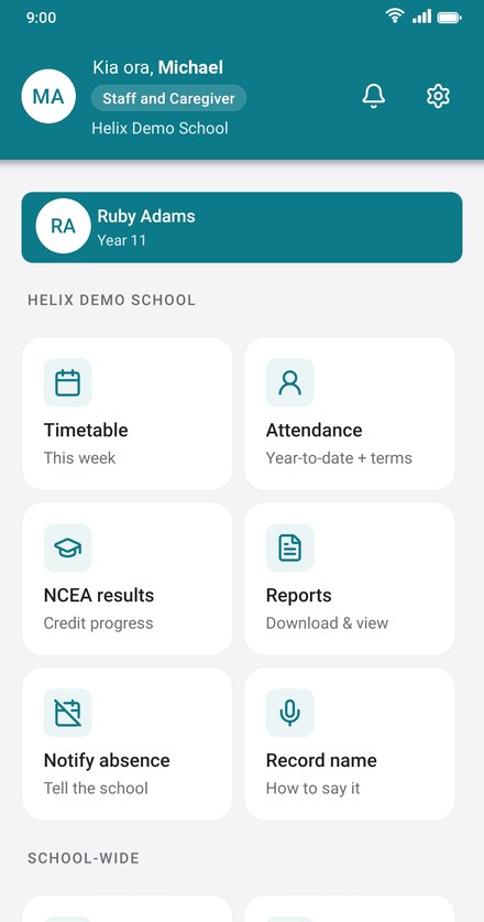 Helix app caregiver home screen