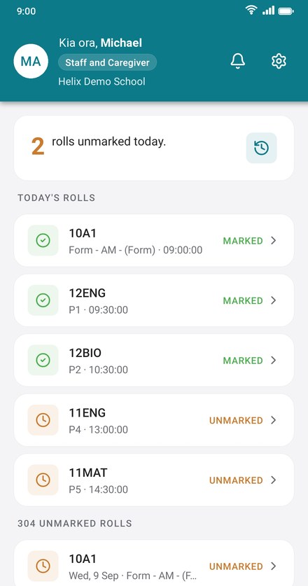 Helix app staff home screen showing today's rolls