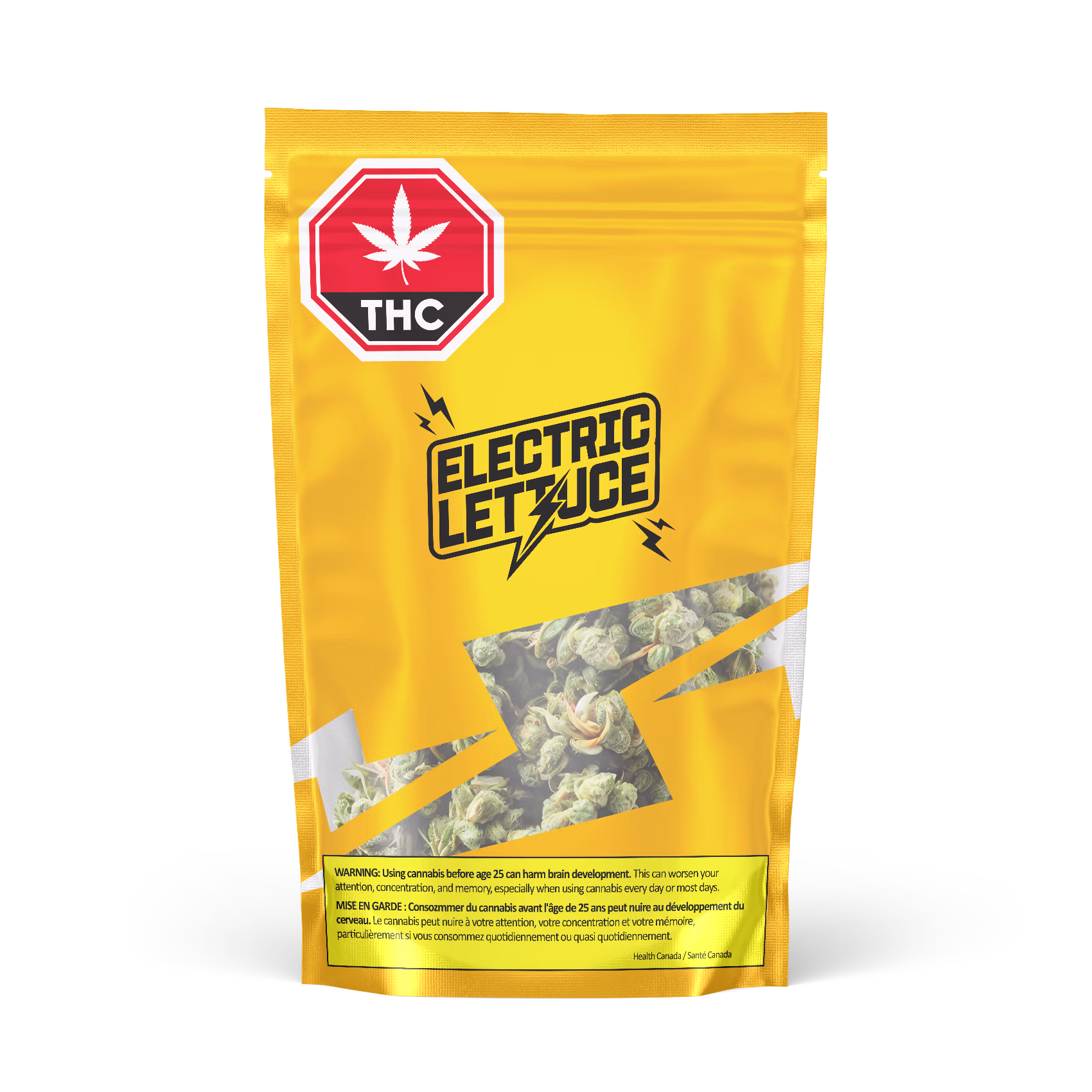Electric Lettuce Cannabis mylar pouch with a clear lightning-bolt shaped window and Health Canada regulated warnings.