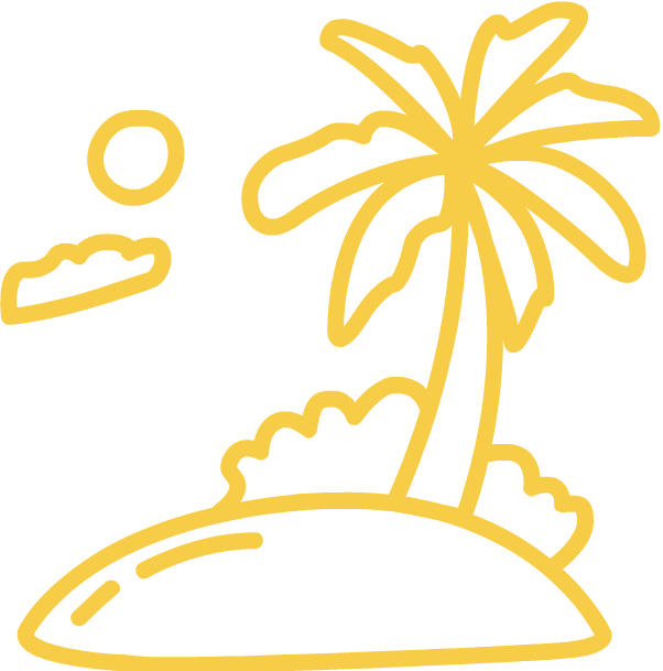 Yellow line drawing of a small island with a palm tree, bush, sun, and cloud.