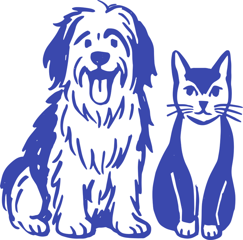 Blue line drawing of a fluffy dog with tongue out sitting next to a calm cat both facing forward.