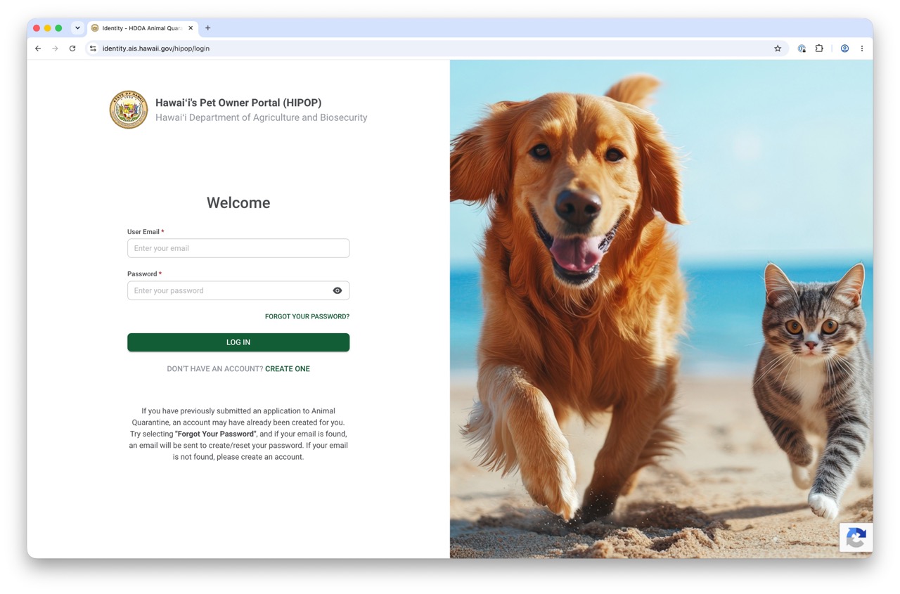 Screenshot of Hawaii's Pet Owner Portal (HIPOP) log in page