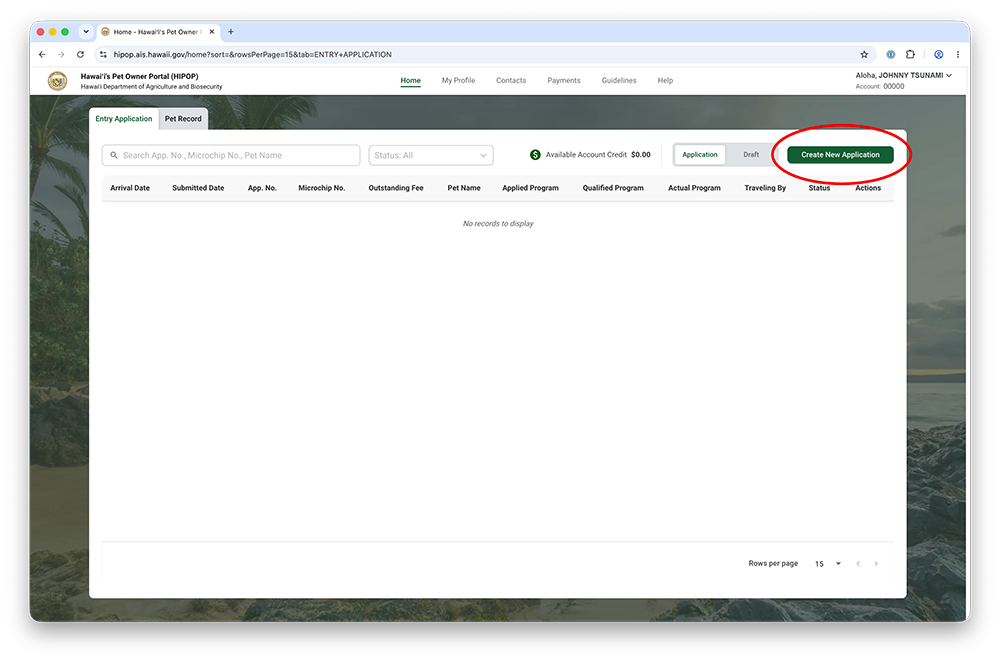 Screenshot of HIPOP home page showing Entry Application tab