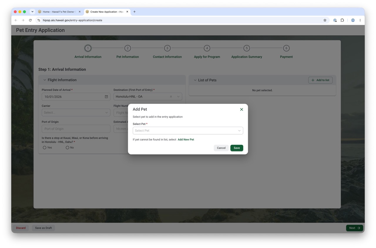 Screenshot of HIPOP Pet Entry Application "Add Pet" modal