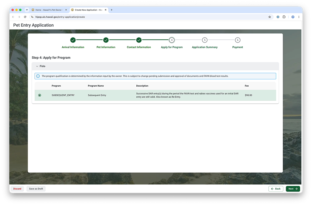 Screenshot of HIPOP Pet Entry Application Step 4