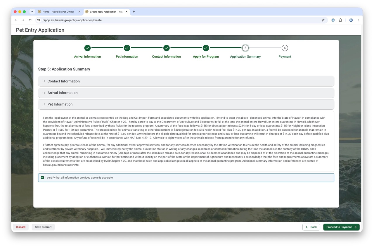 Screenshot of HIPOP Pet Entry Applicaion Step 5