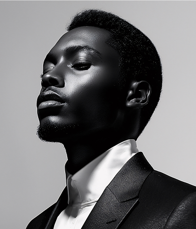 Black and white portrait of a young man in a suit looking upward with a serious expression.