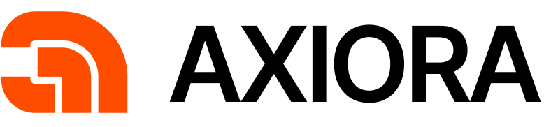 Axiora logo with stylized orange 'A' symbol and black text.