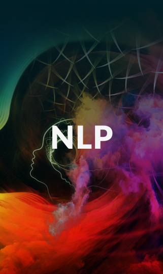 Abstract digital art with colorful swirling clouds and an outline of a human head, centered text 'NLP'.