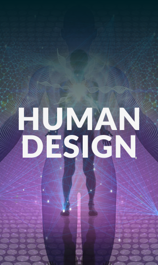 Silhouettes of human figures with DNA helix and network patterns in the background, text reads 'HUMAN DESIGN'.