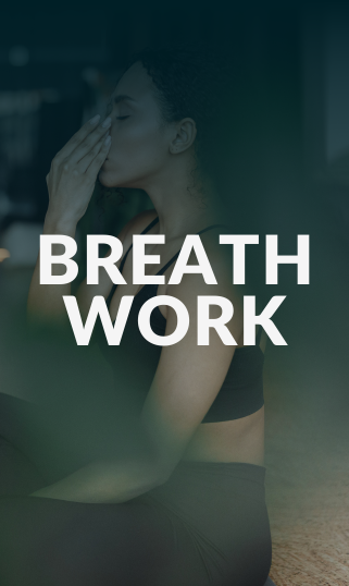 Woman practicing breath work meditation with eyes closed and fingers on nose.