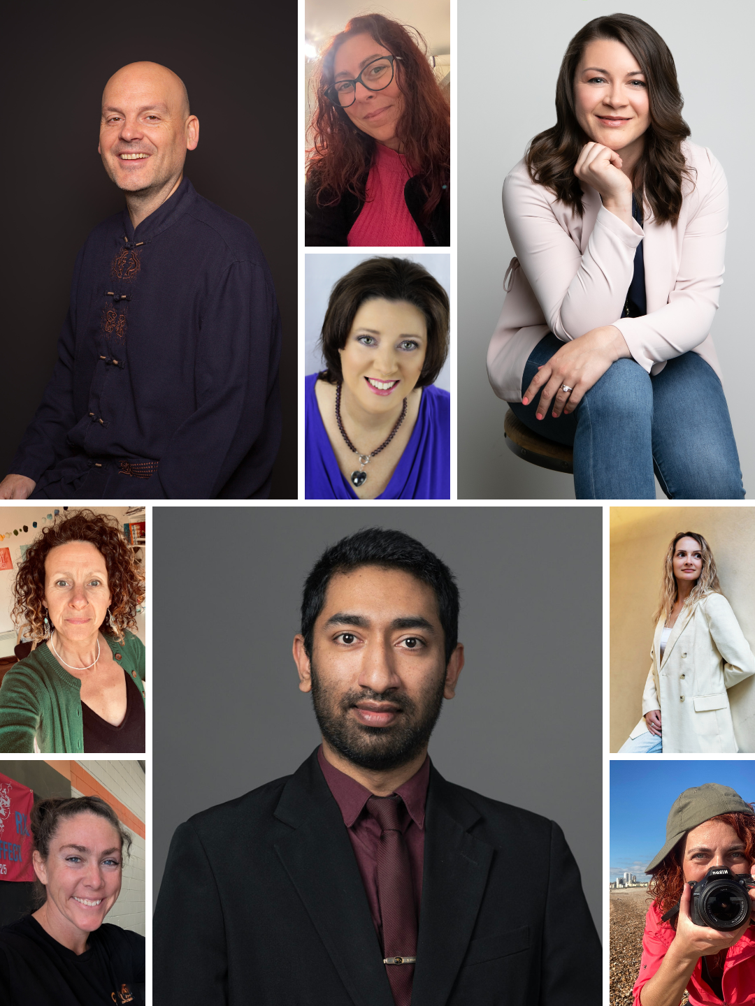 A collage image of success clients on the left side of the page