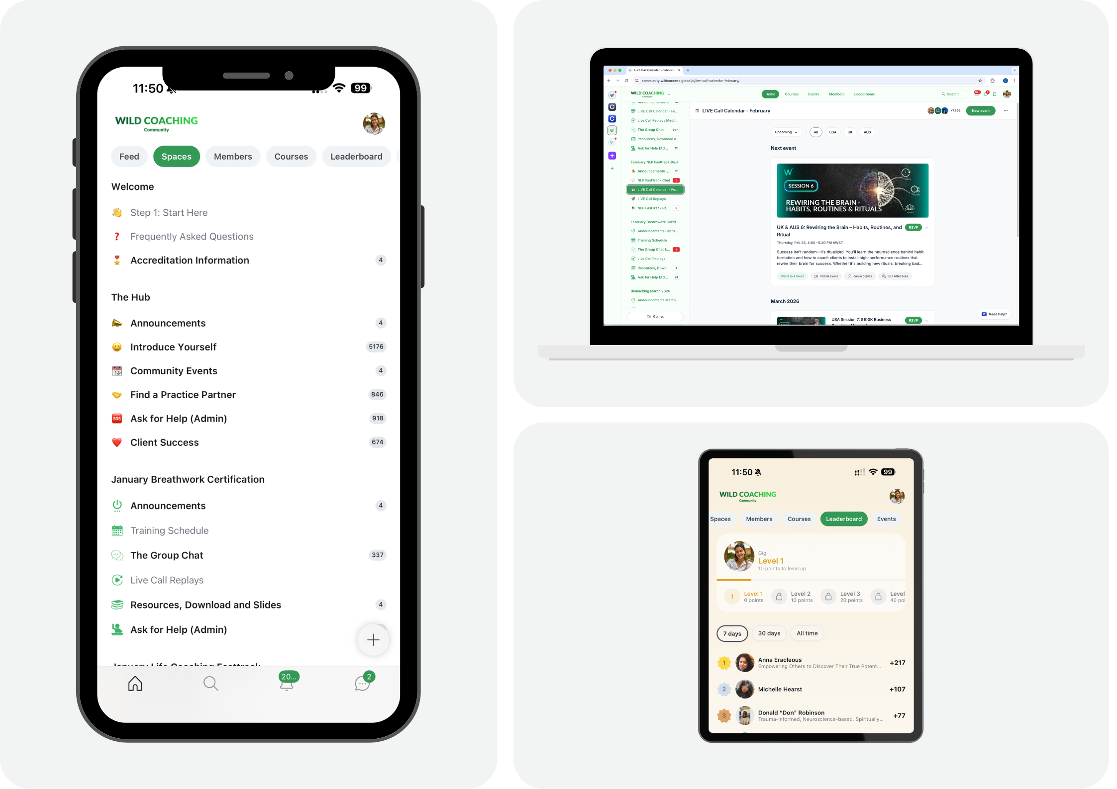 A group of three images displaying the Wild Success App on three different versions of phone, computer, and tablet
