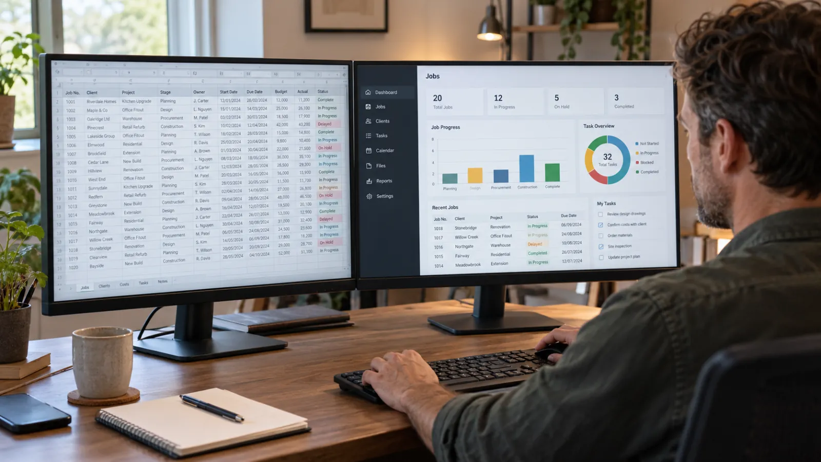 A business owner working at two monitors, with a spreadsheet on one screen and a custom job management application on the other.