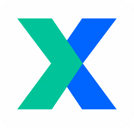 Green and blue overlapping X-shaped geometric logo on a white rounded square background.