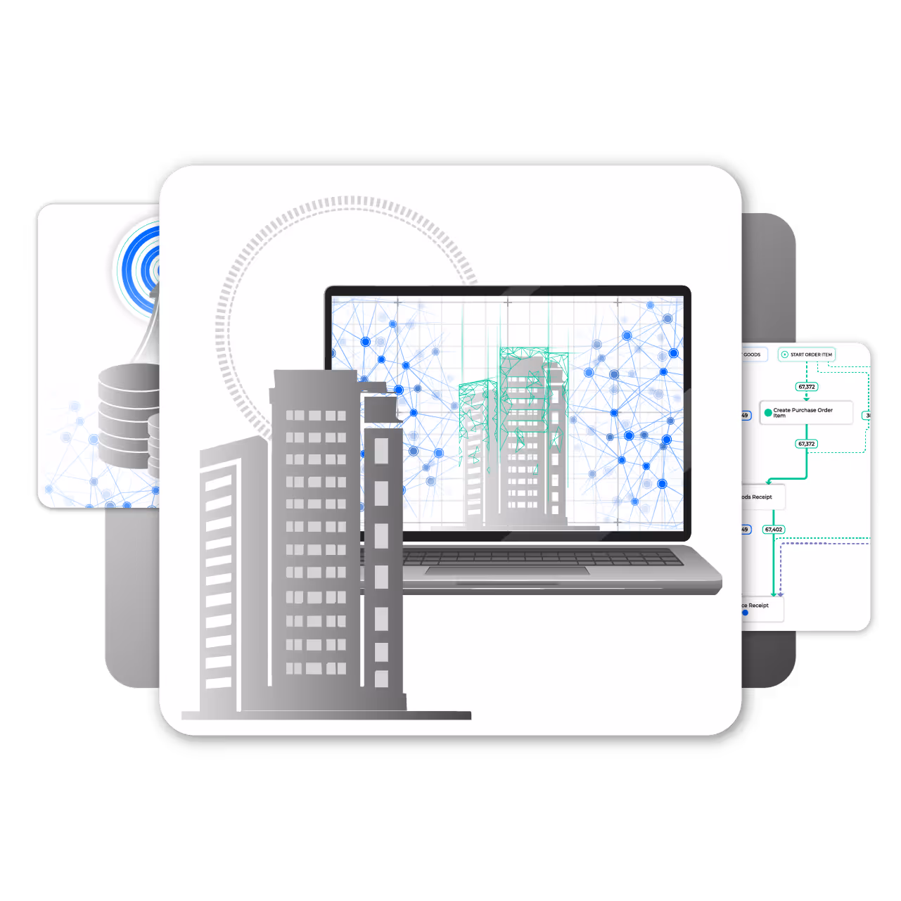 Digital twin concept with buildings and laptop showing a network of connected data points.