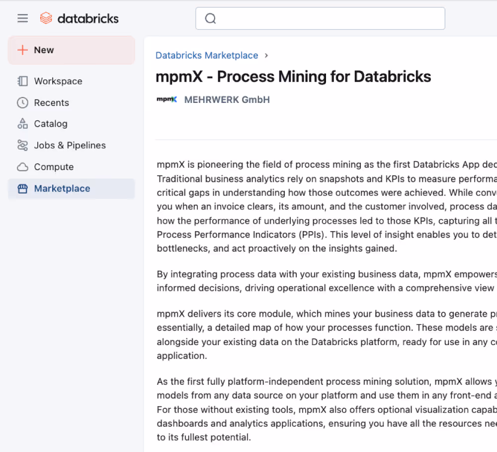 Databricks Marketplace page showing mpmX app info on process mining and business data integration.