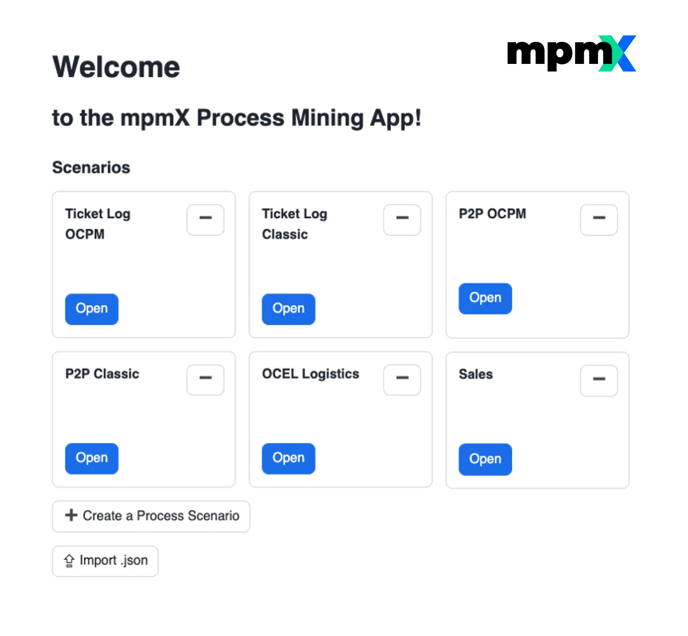 Welcome screen of mpmX app with six process scenario options and buttons to create or import scenarios.