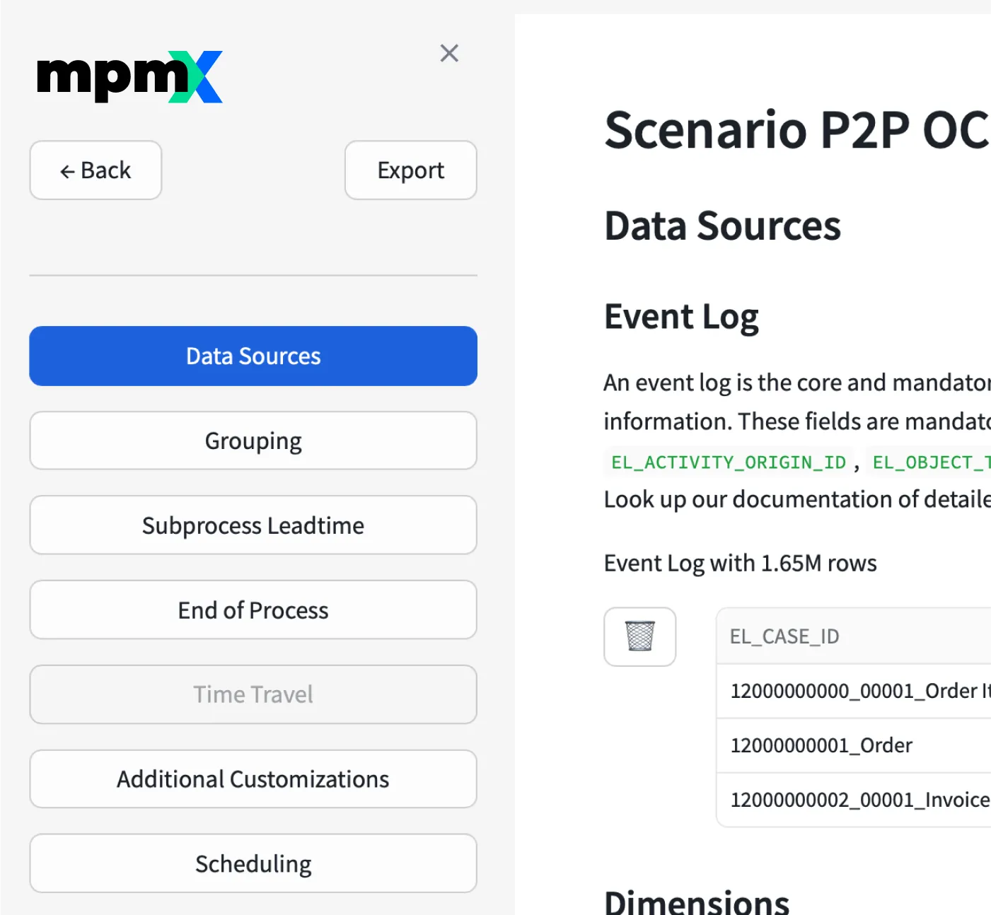 mpmX interface showing Data Sources tab with event log details and menu options like Grouping and Scheduling.