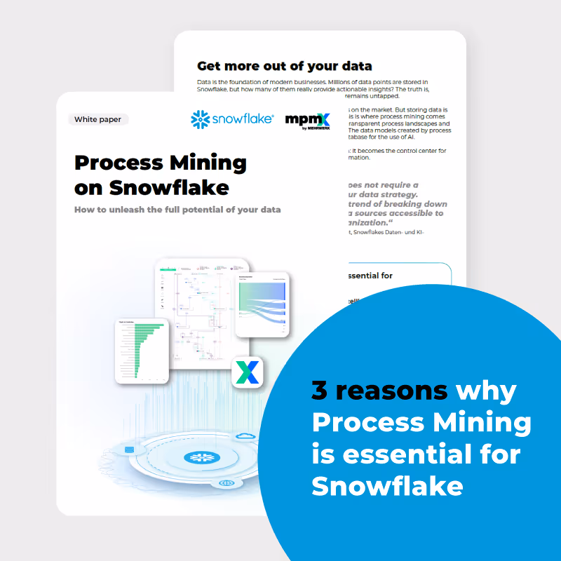Whitepaper mit dem Titel „Process Mining on Snowflake“ mit Diagrammen und Text zu den wichtigsten Vorteilen.